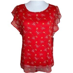 Vince Camuto Flutter Sleeve Red Floral Blouse Bright Lady